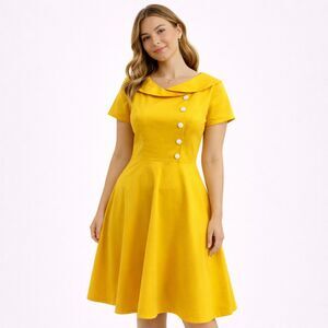 Zapaka Yellow Peter Pan Collar Fit & Flare Short Sleeve Dress S